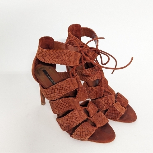 Zara Braided Lace Up Suede Stiletto Heels Brunt Orange 38/7.5 summer bohemian - Picture 1 of 12